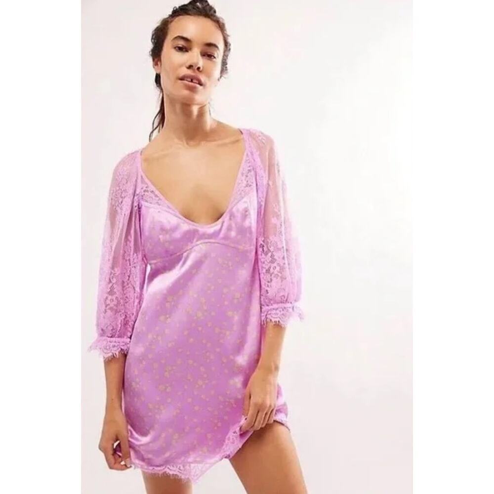 Free People Women's Polka Dot About That Lace Satin Mini Dress Sz S Purple NWOT